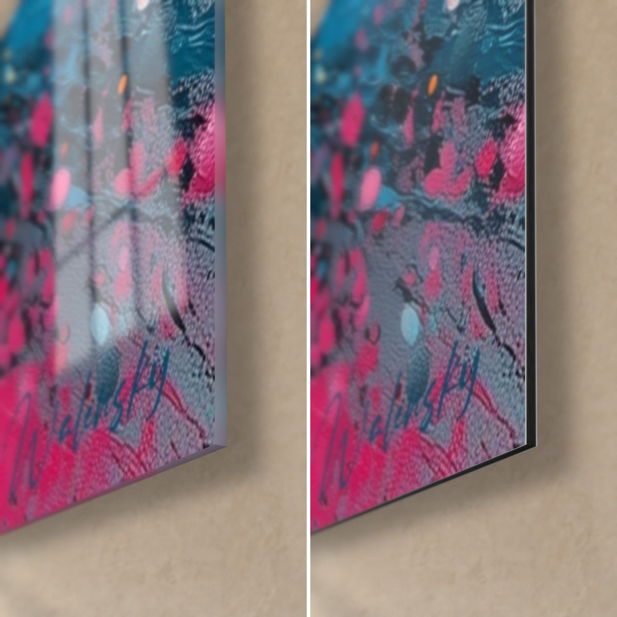 Gemälde Spritzer in Gelb und Blau, untere rechte Ecke: glänzendes Acrylglas links, matt gebürstetes Dibond rechts, 3 mm Kante