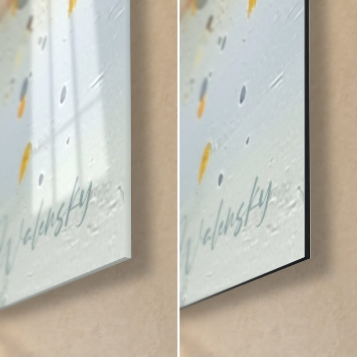 Wall art with orange and grey splashes, bottom right corner detail: glossy acrylic glass on the left, matte brushed Dibond aluminium on the right, 3 mm black edge