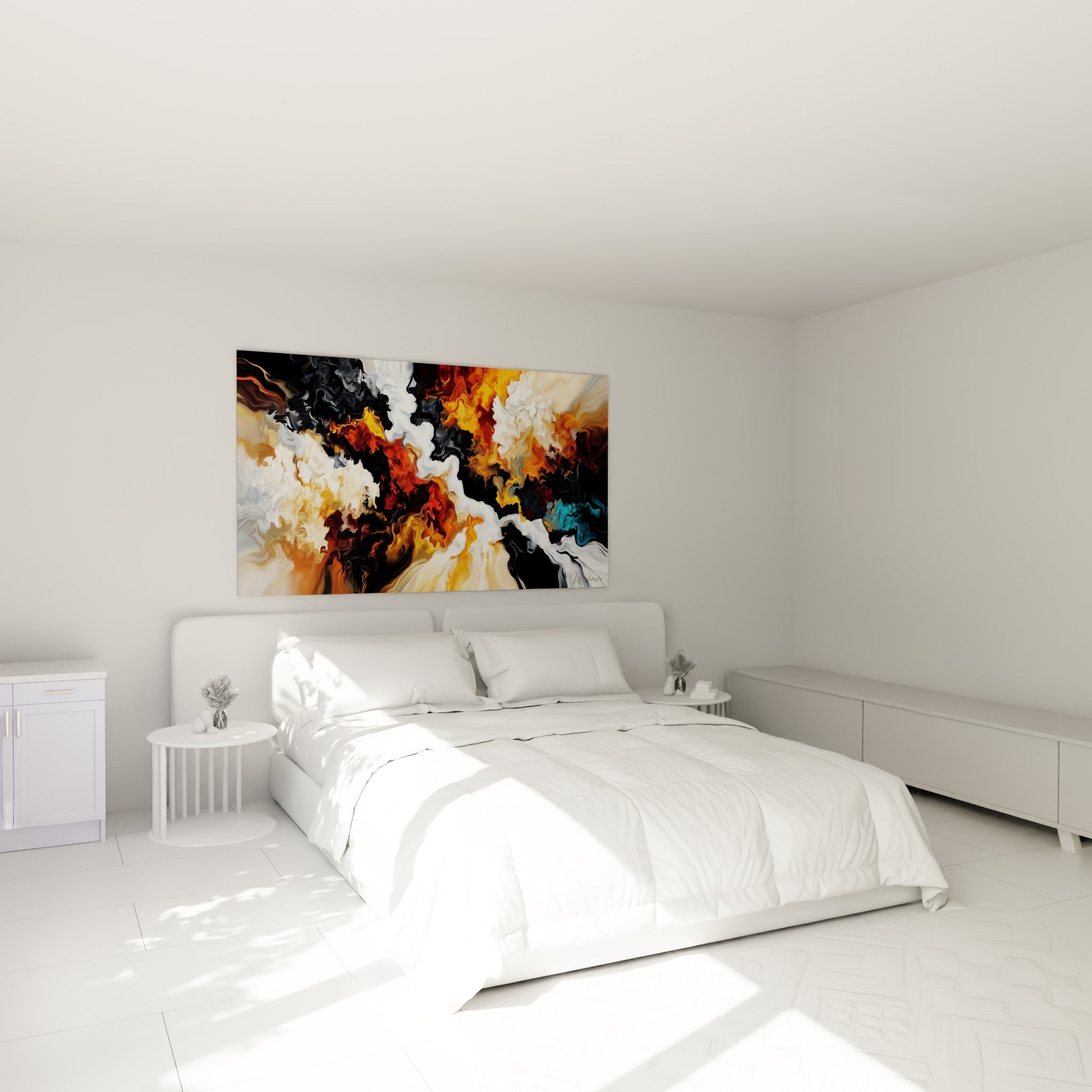 Tourbillon de flammes orangées et blanches accroché au-dessus d'un lit dans une chambre claire