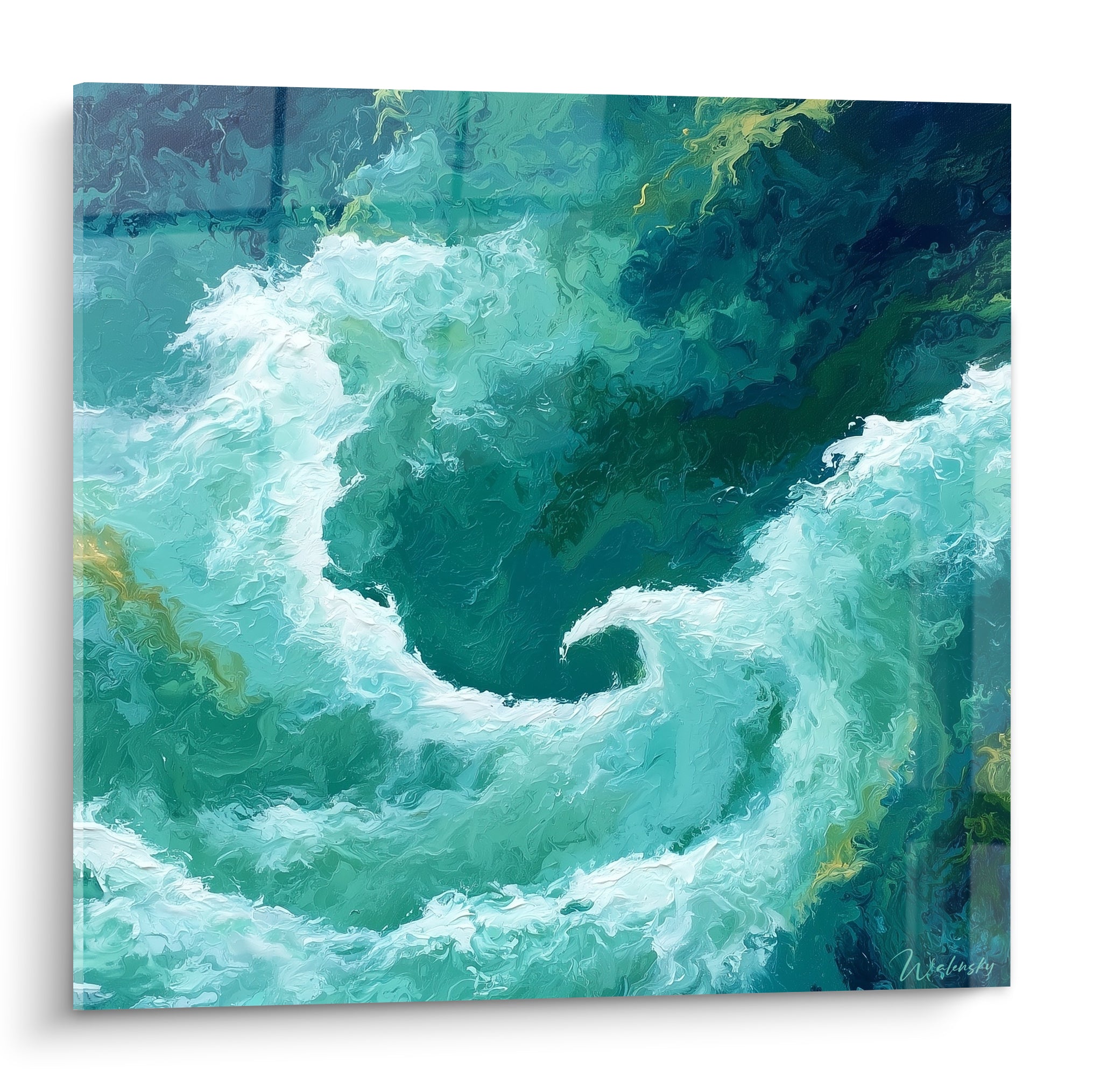 Tourbillon marin turquoise et vert émeraude, écume blanche en spirale, style Peinture abstrait