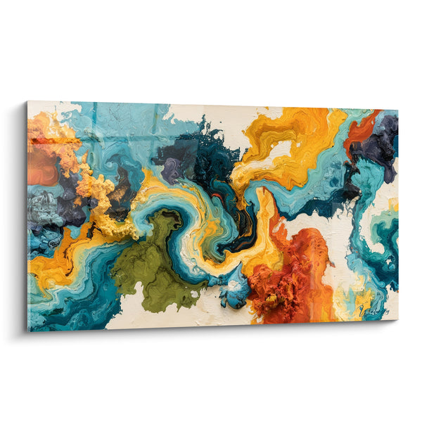 Tableau Coulures marbrées bleu turquoise et orangé - Fusion des éléments - Edition style Peinture abstrait