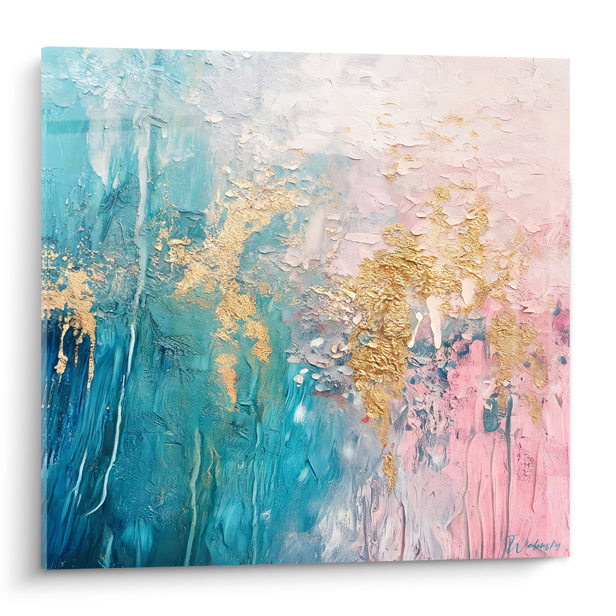 Tableau abstrait turquoise et rose aux éclats dorés texturés en pleine lumière