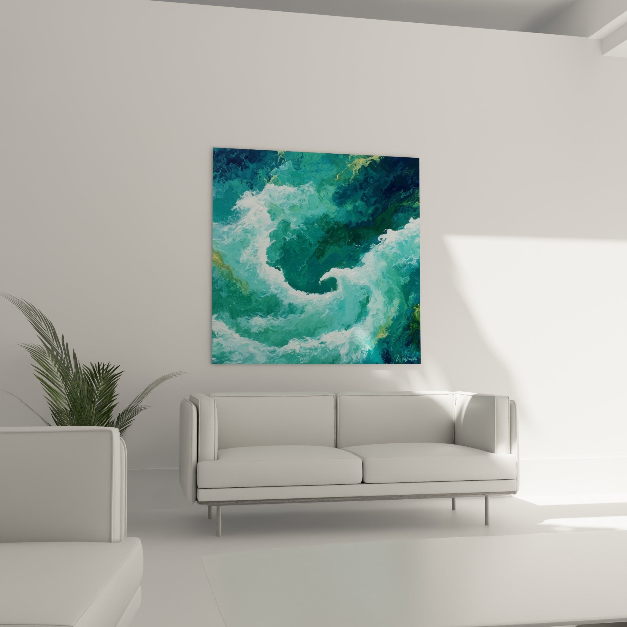 Vagues émeraude et écume blanche tourbillonnantes, style Peinture abstrait, au-dessus d'un canapé dans un salon lumineux