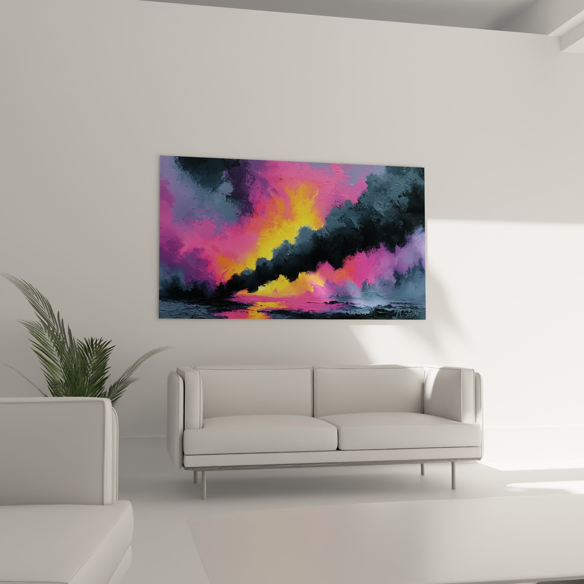 Vagues de couleur rose et or perçant l'obscurité anthracite, tableau abstrait au-dessus d'un canapé dans un salon lumineux