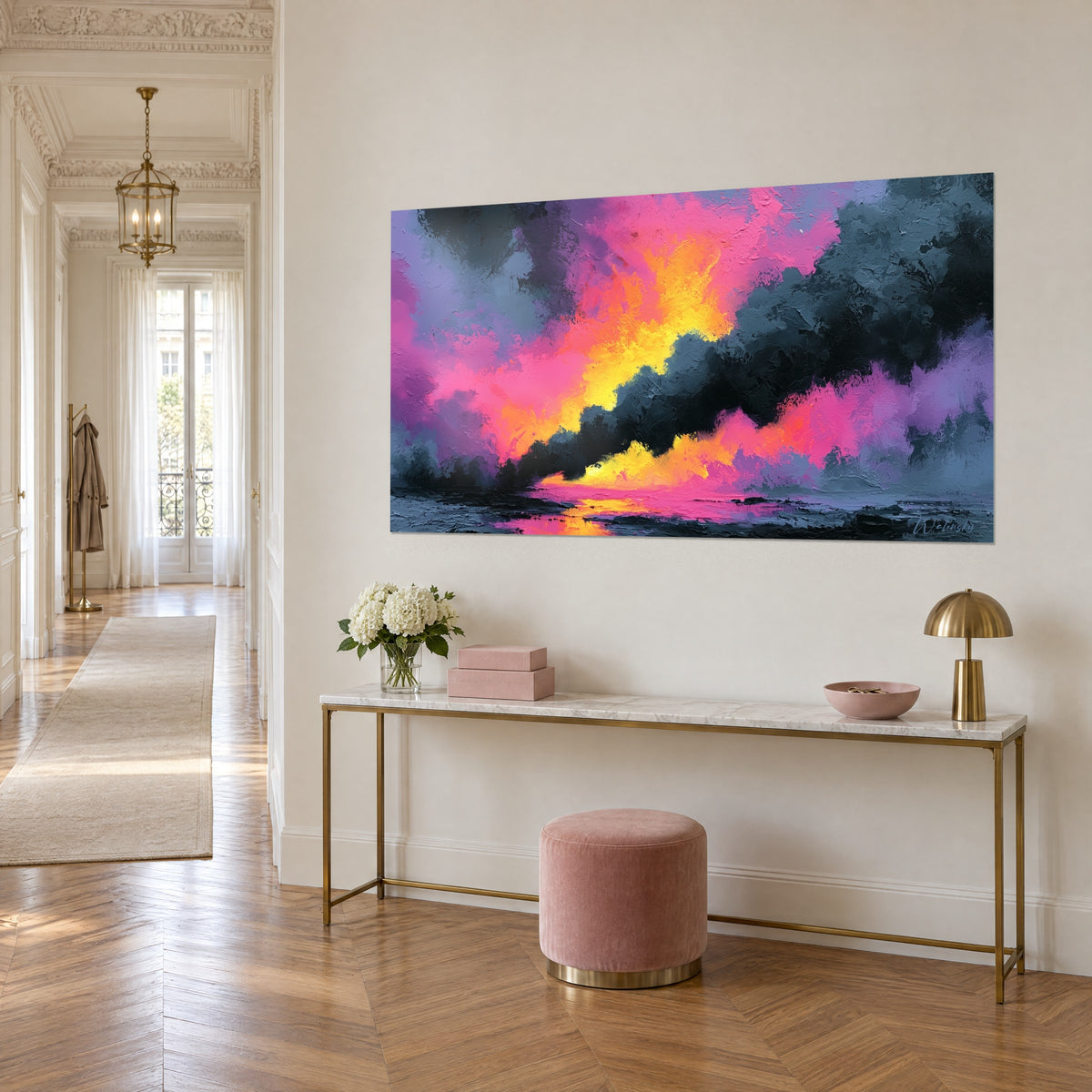 Wall art incandescent breccia in lemon yellow and orange, black diagonal plume, three-quarter view of a gilded console in a Haussmann apartment