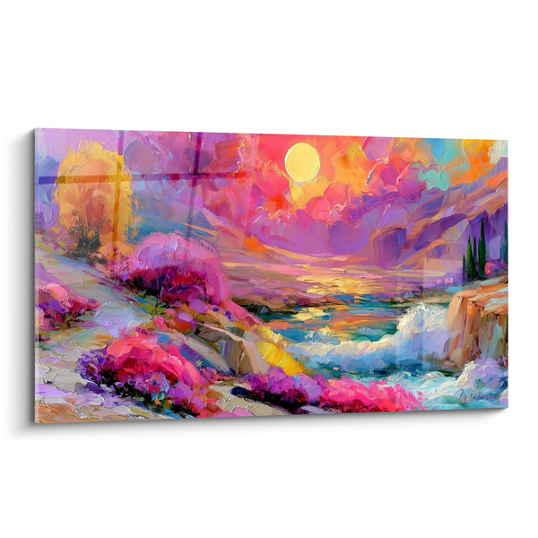 Tableau Rivière rose et mauve sous un soleil doré - Vallée incandescente - Edition style Peinture abstrait