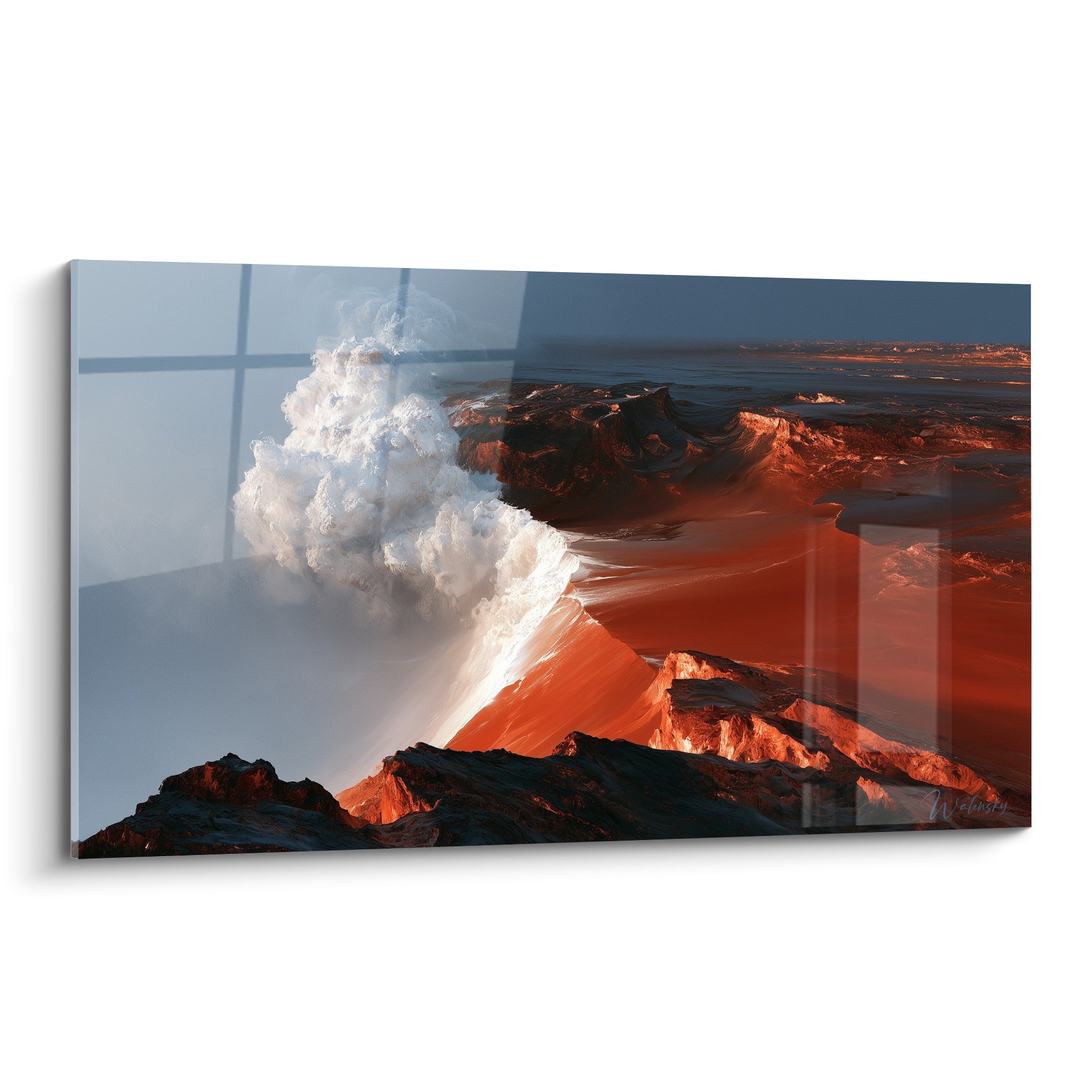 Volcan style Peinture abstrait aux teintes terracotta et anthracite, panache blanc jaillissant vers un ciel bleu nuit