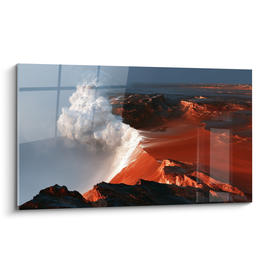 Tableau Volcan roux à panache blanc - Souffle de la Terre - Edition style Peinture abstrait