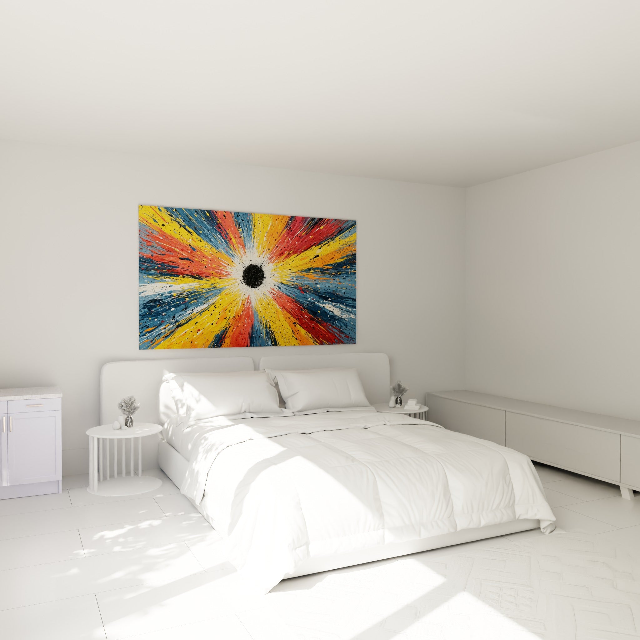 Vortex coloré bleu et ocre jaillissant d'un centre noir, accroché au-dessus d'un lit dans une chambre claire