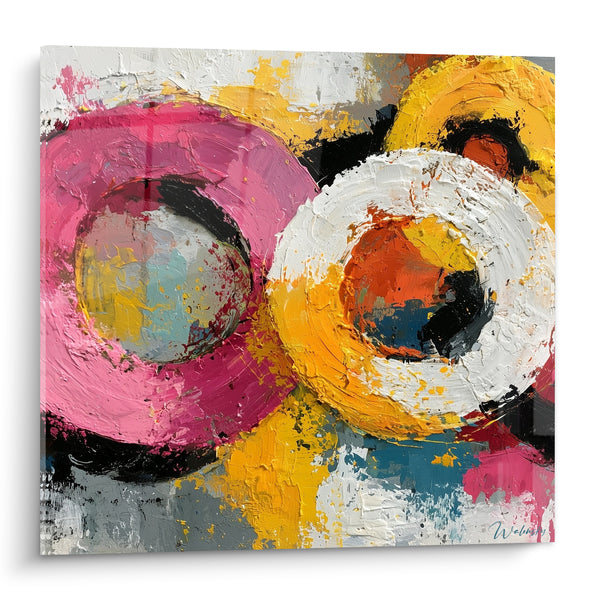 Tableau Anneaux roses et jaunes entrelacés - Ronde joyeuse - Edition style Peinture abstrait