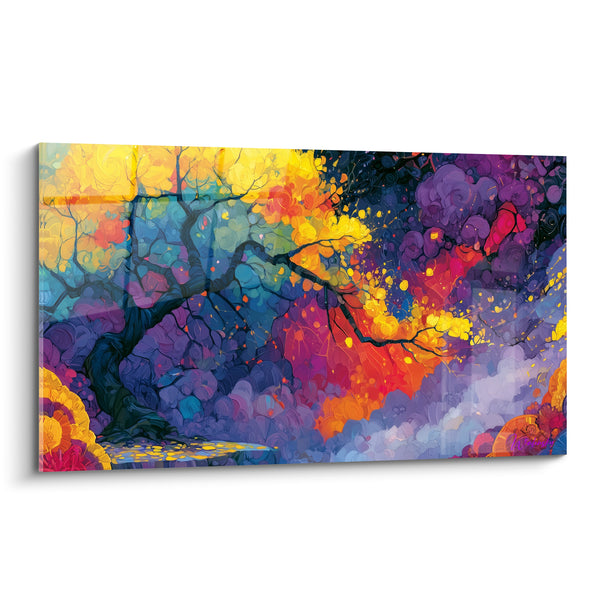 Tableau Arbre doré aux branches violettes flamboyantes - Embrasement féerique - Edition style Peinture abstrait