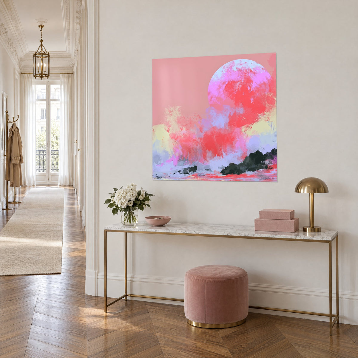 Wall art incandescent moon in fuchsia and bright red impasto, salmon background, gilded console in a Haussmann-style hallway