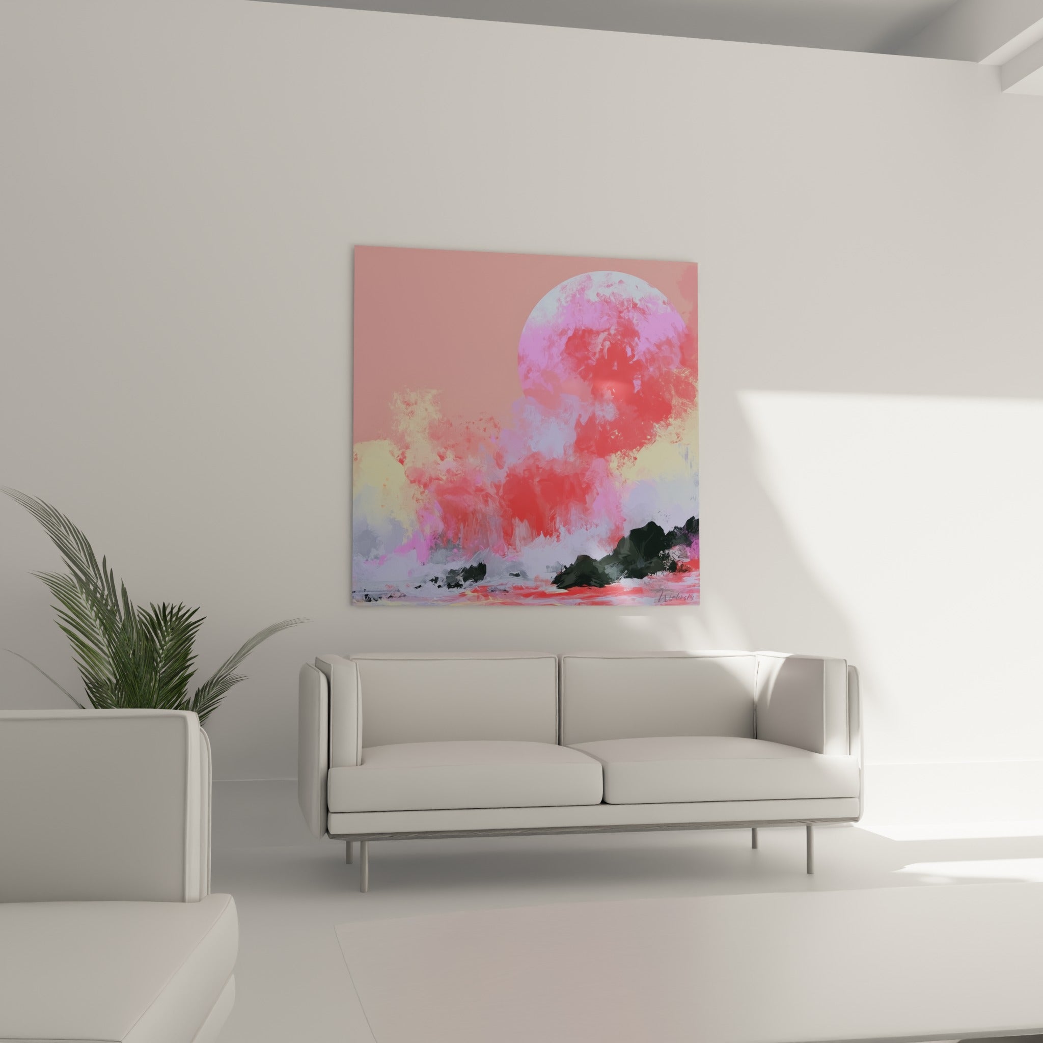 Masse céleste rose et violette dominant des rochers noirs, accrochée au-dessus d'un canapé dans un salon lumineux