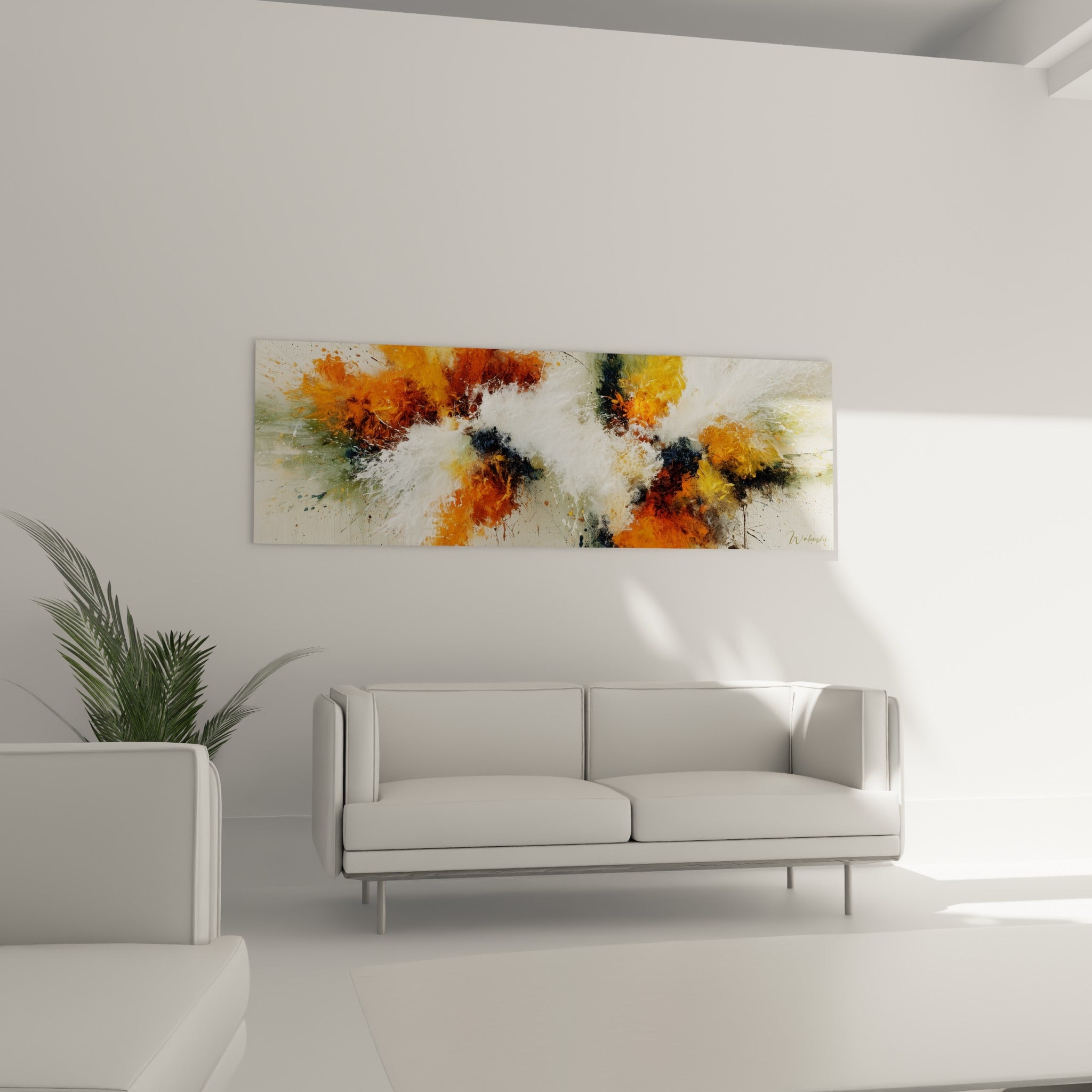 Masses orange brûlé et blanches en mouvement, style peinture abstrait au-dessus d'un canapé dans un salon lumineux
