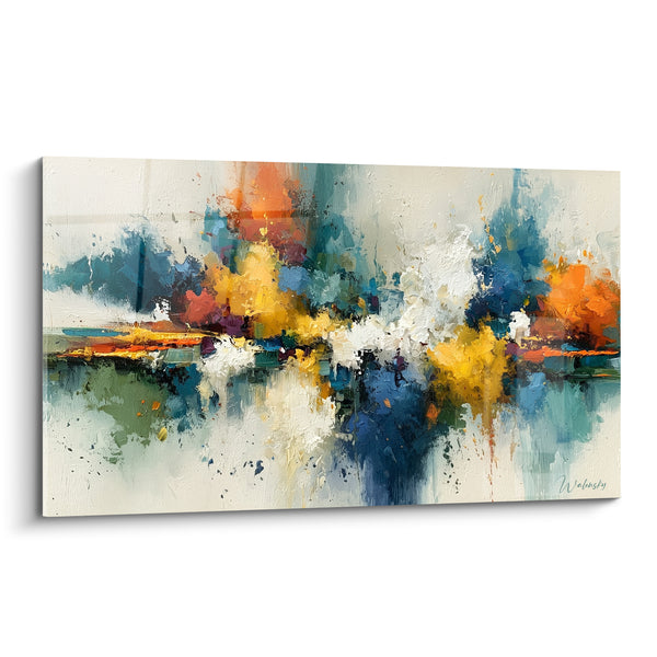 Tableau Rivage bleu et jaune aux reflets miroités - Berge silencieuse - Edition style Peinture abstrait