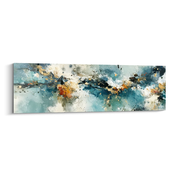 Tableau Vagues bleu sarcelle et éclats ambrés - Écume embrasée - Edition style Peinture abstrait