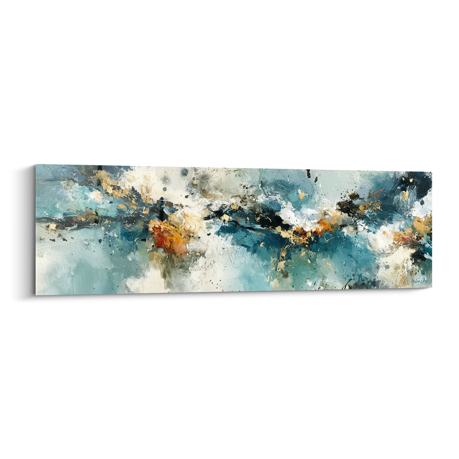 Tableau Vagues bleu sarcelle et éclats ambrés - Écume embrasée - Edition style Peinture abstrait