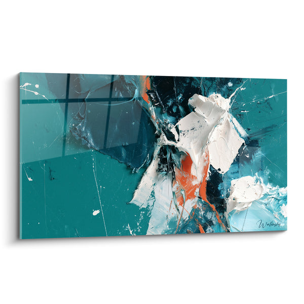 Tableau Empâtement blanc et sarcelle aux éclats orangés - Matière sculptée dense - Edition style Peinture abstrait