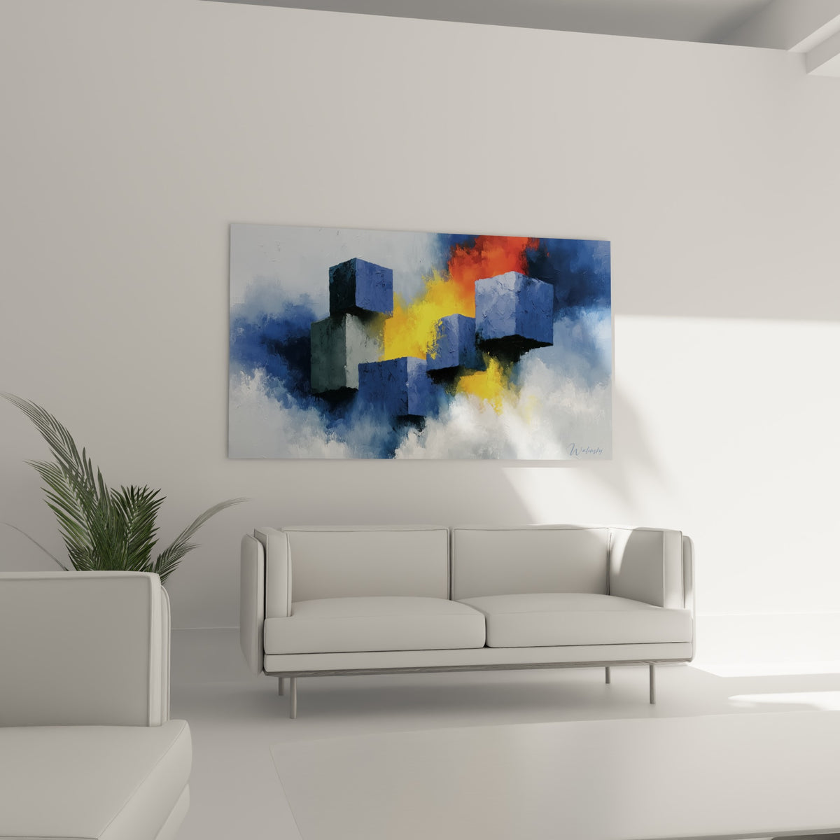 Structures bleutées et éclats jaunes de ce tableau style Peinture abstrait au-dessus d'un canapé dans un salon lumineux
