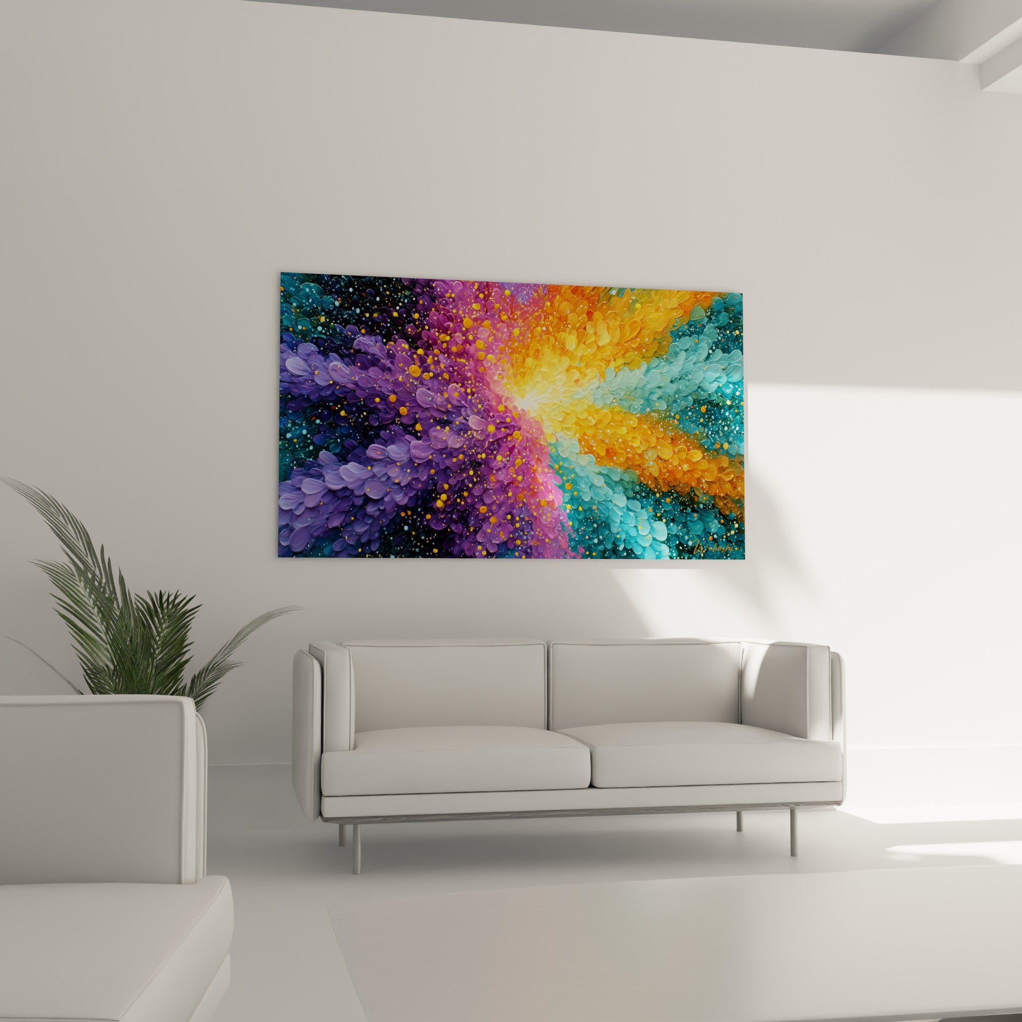 Bouquet abstrait turquoise et magenta en pleine expansion, suspendu au-dessus d'un canapé dans un salon lumineux