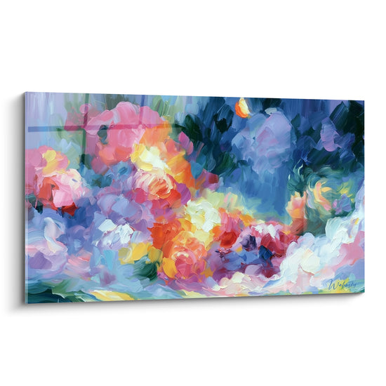 Bouquet de fleurs style Peinture abstrait aux tons orange, rose et bleu marine intense