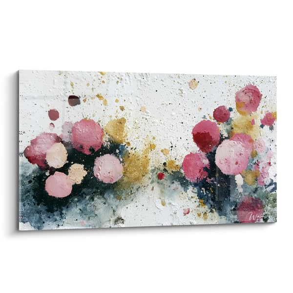 Tableau Sphères roses et anthracite en éclosion - Bourgeons éparpillés dorés - Edition style Peinture abstrait