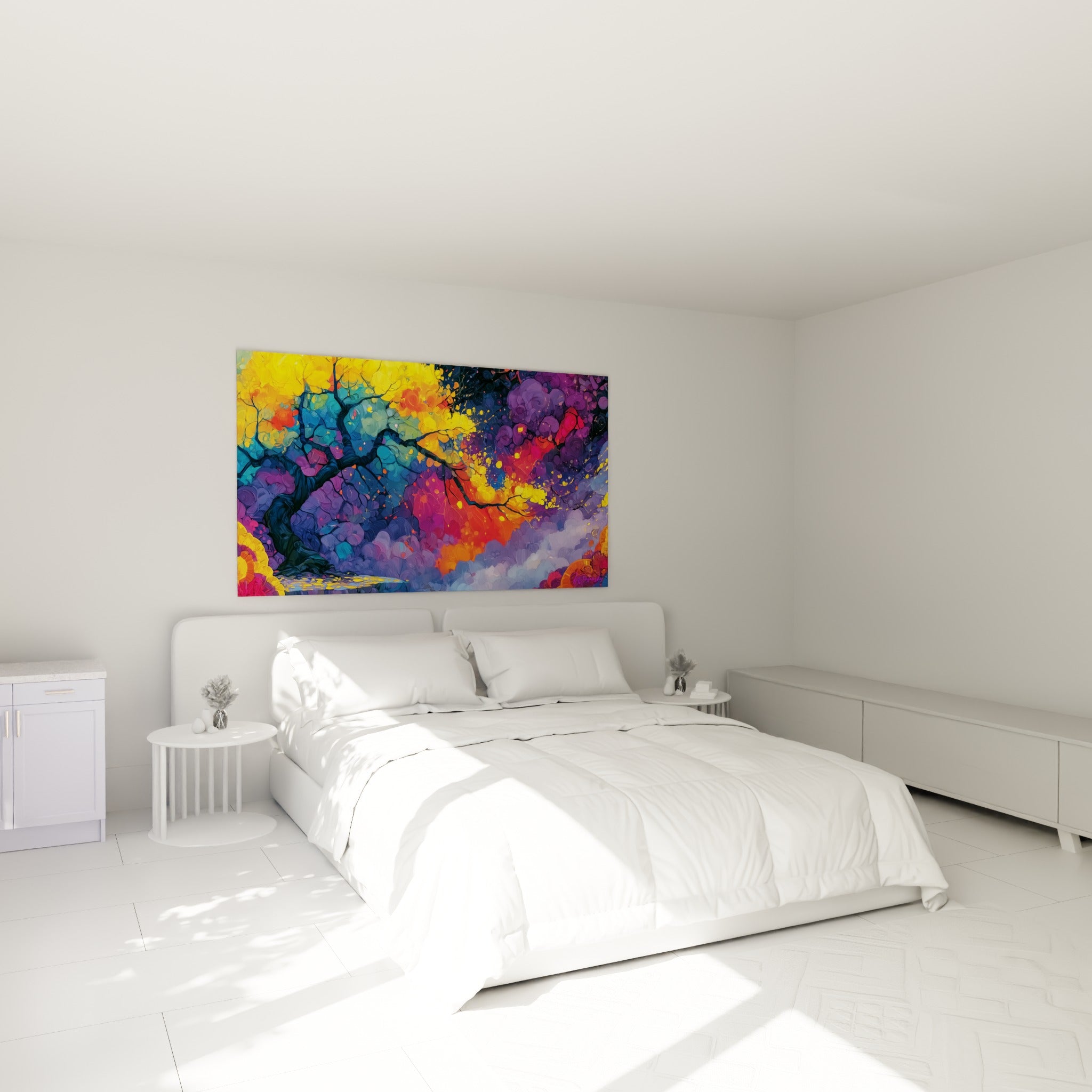 Branches embrasées de jaune et de violet dominant au-dessus d'un lit dans une chambre claire
