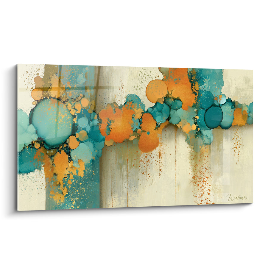 Tableau Bulles turquoise et orange sur fond ivoire - Fusion chromatique - Edition style Peinture abstrait