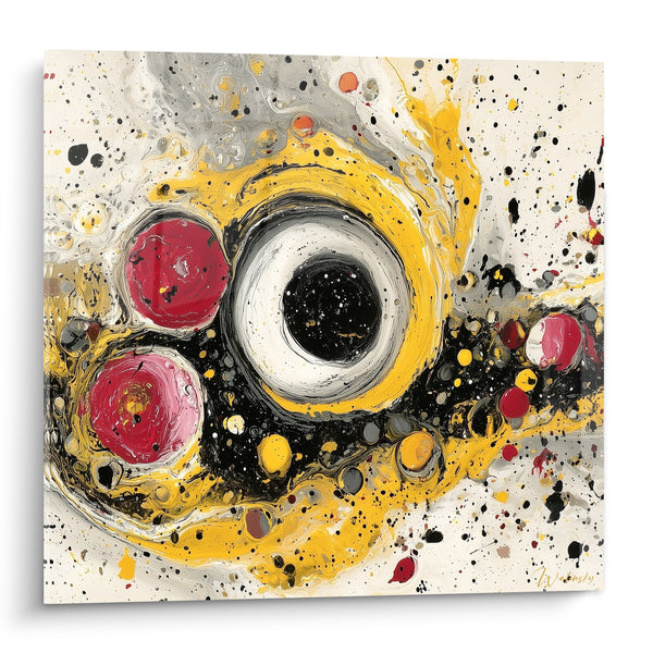 Dipinto Cerchio nero con scaglie gialle e rosse - Onda in fusione - Edizione stile Pittura astratta