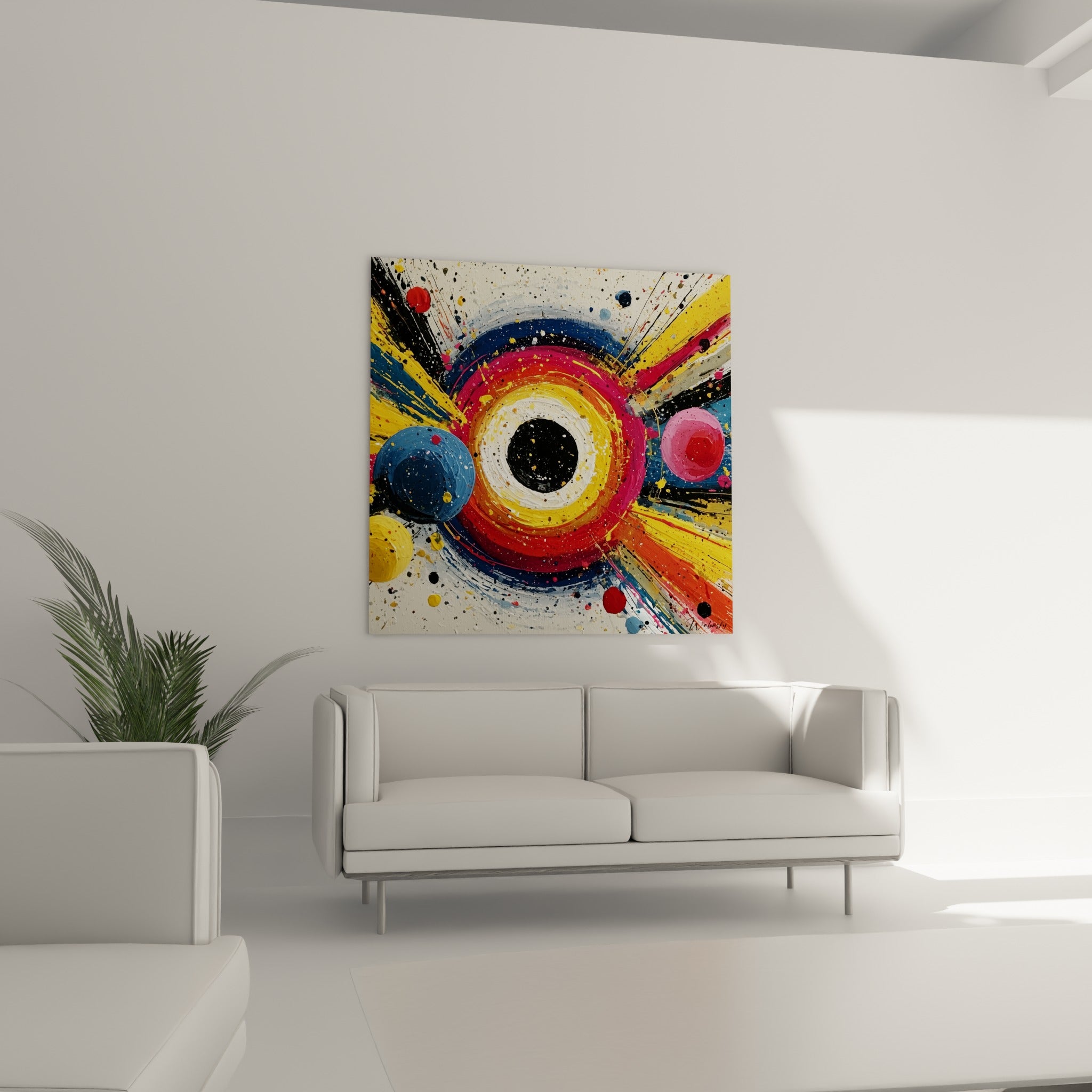 Cercles concentriques jaune doré et rose fuchsia en mouvement abstrait au-dessus d'un canapé dans un salon lumineux