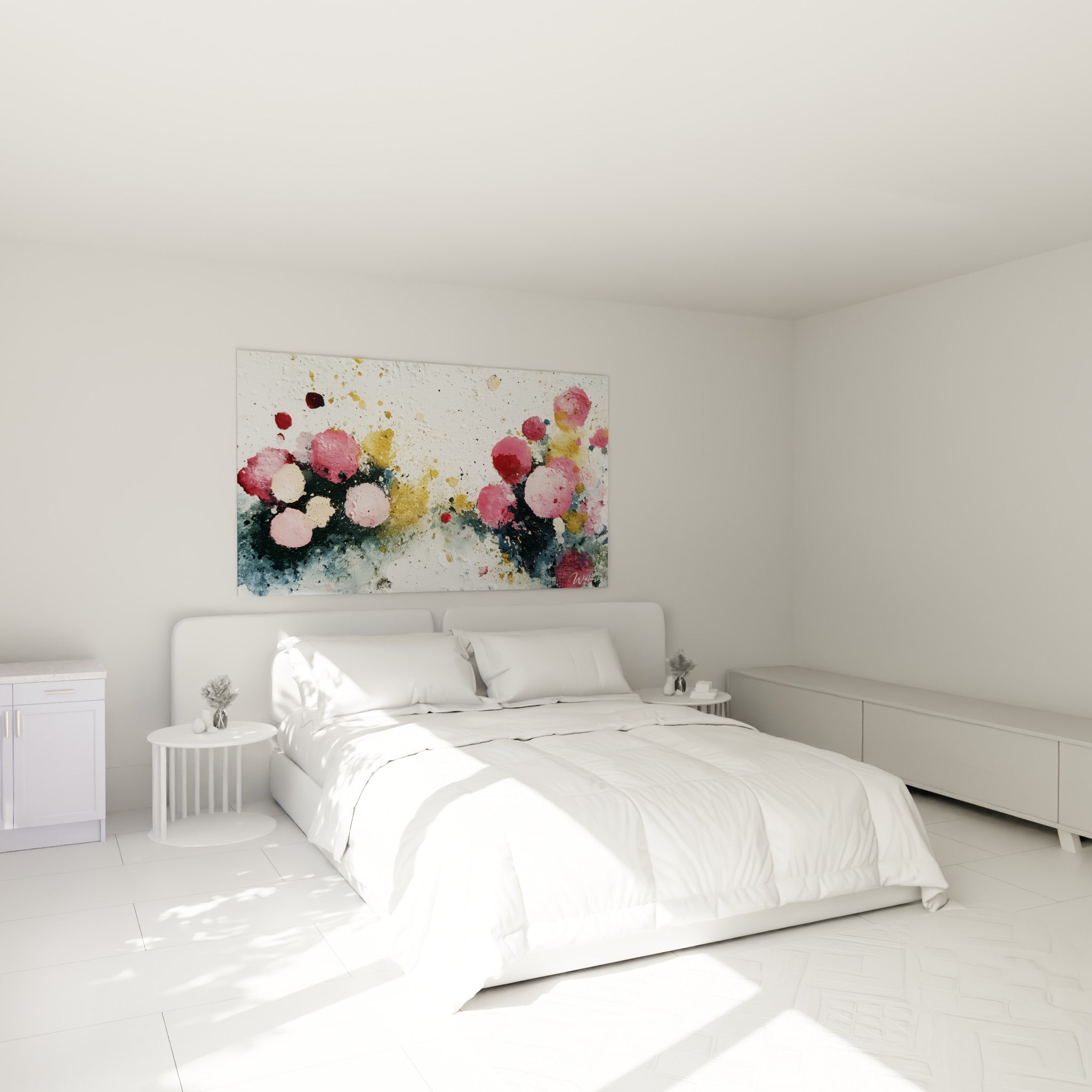 Formes rondes roses et anthracite d'un tableau abstrait au-dessus d'un lit dans une chambre claire