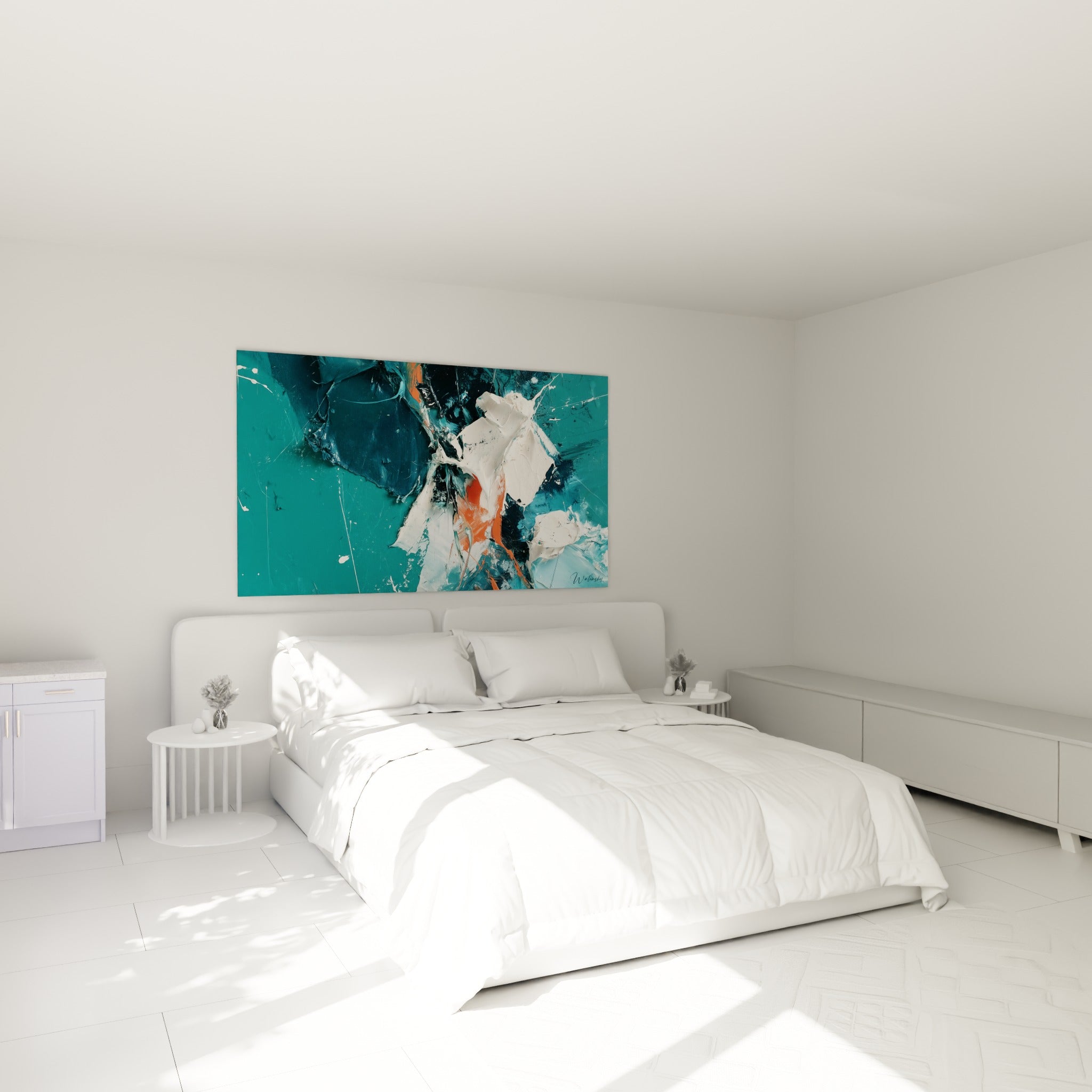 Matière blanche texturée et bleu sarcelle profond, tableau style peinture abstrait au-dessus d'un lit dans une chambre claire