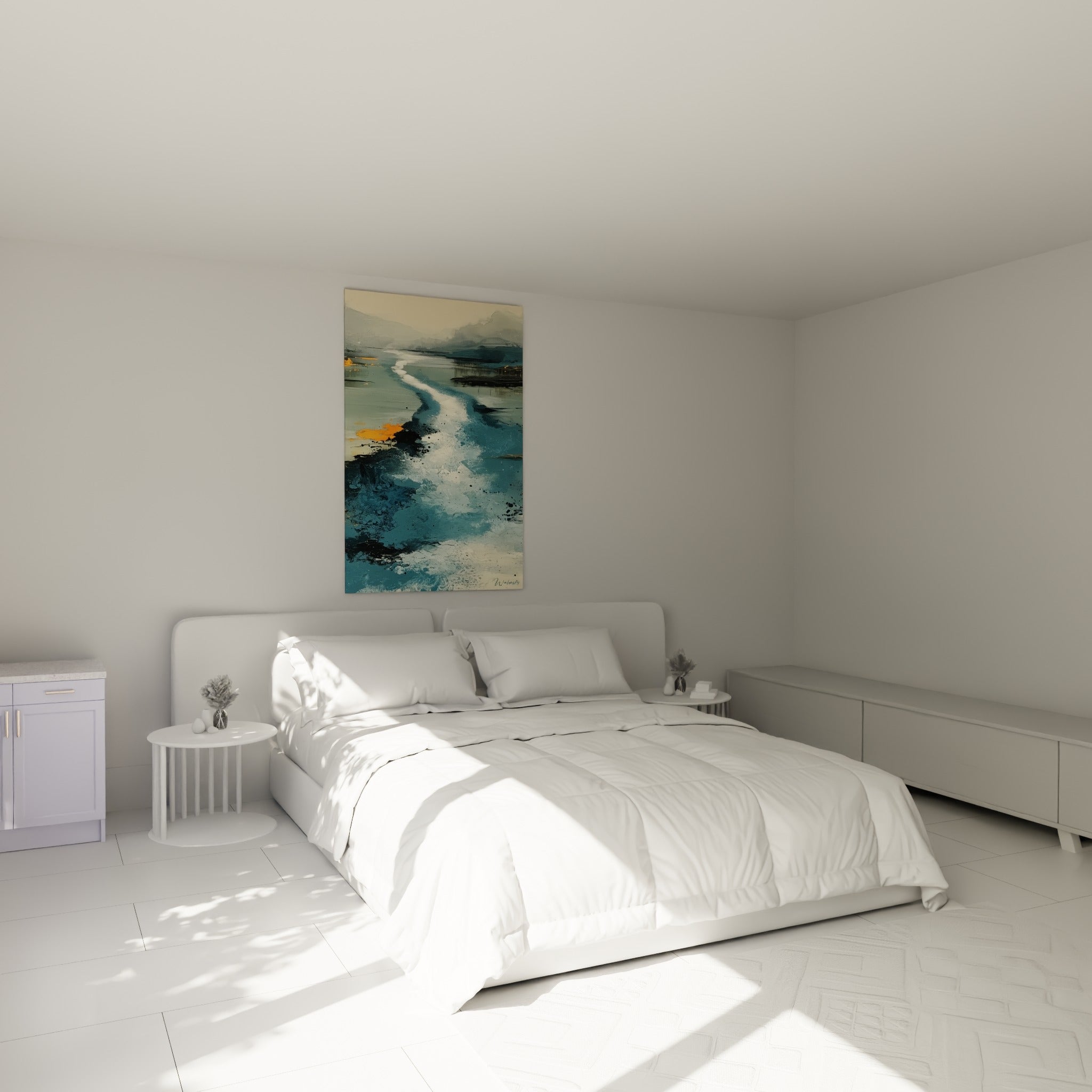 Chemin d'eau blanc et bleu anthracite traversant un paysage embrumé, au-dessus d'un lit dans une chambre claire
