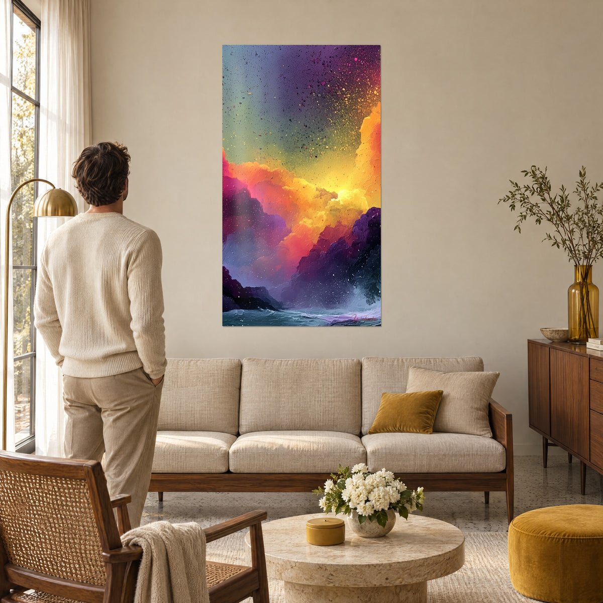 Quadro nuvole incandescenti arancio e porpora, cielo stellato di scintille, uomo di spalle, sopra un divano in un soggiorno luminoso