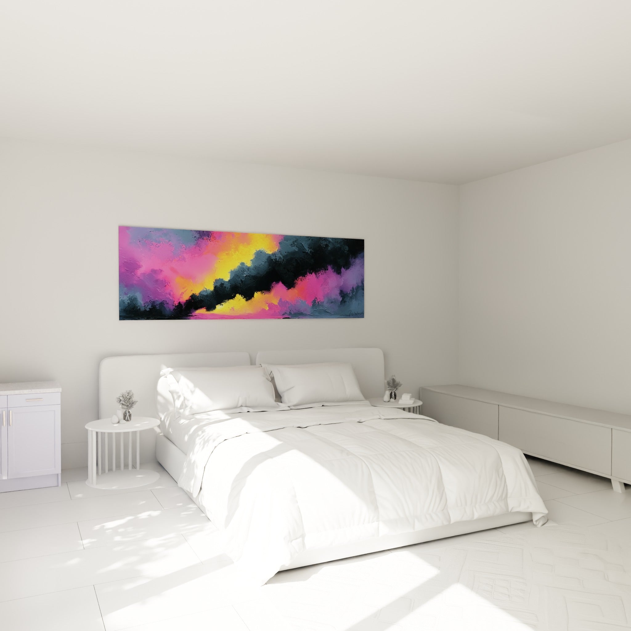 Ciel orageux anthracite et fuchsia lumineux, tableau style Peinture abstrait au-dessus d'un lit dans une chambre claire