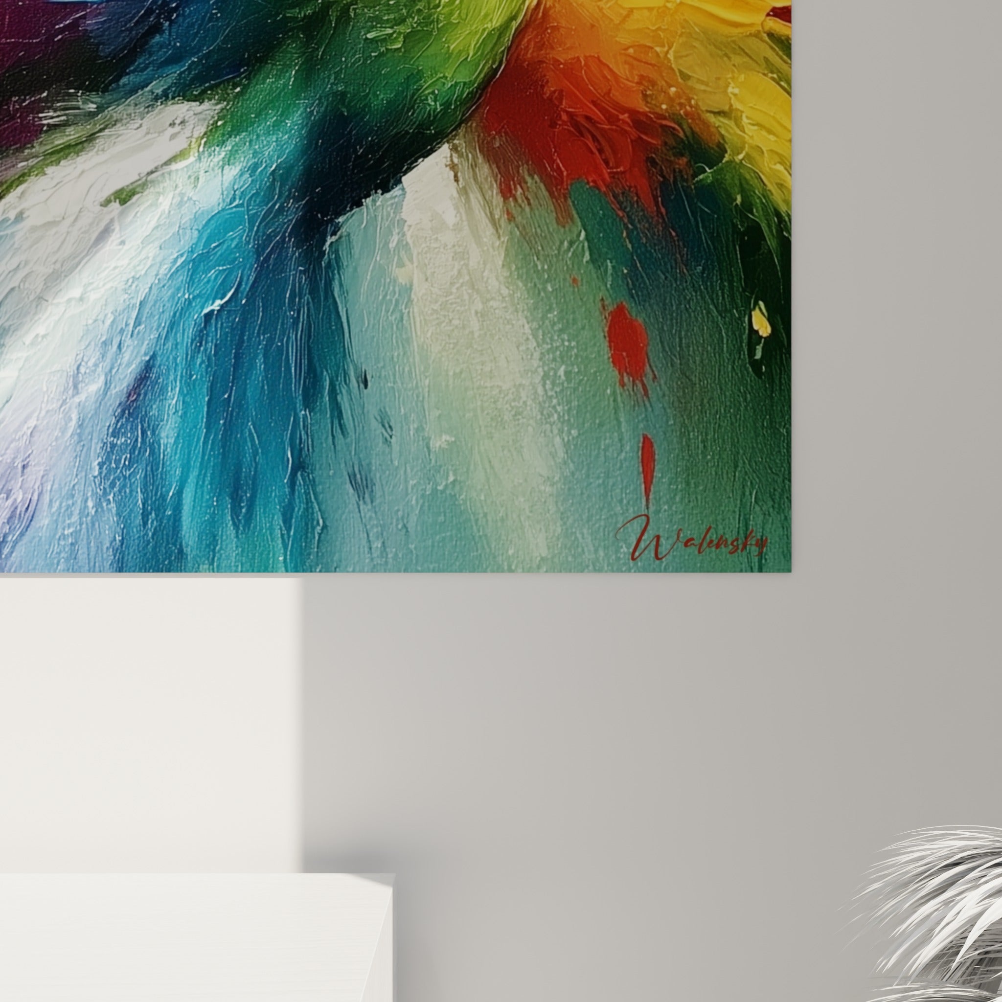Empâtements épais de jaune et de rose fuchsia, matière relief et coulures turquoise visibles de près sur la toile