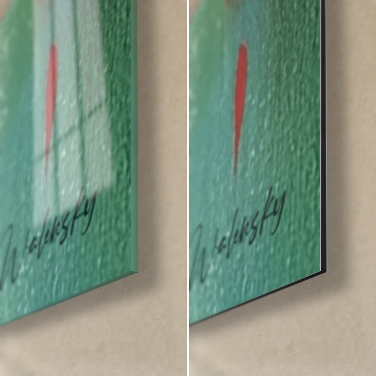 Tableau colibri en peinture abstraite, coin bas droit vert d'eau, goutte écarlate et signature Walensky, verre brillant et Dibond mat