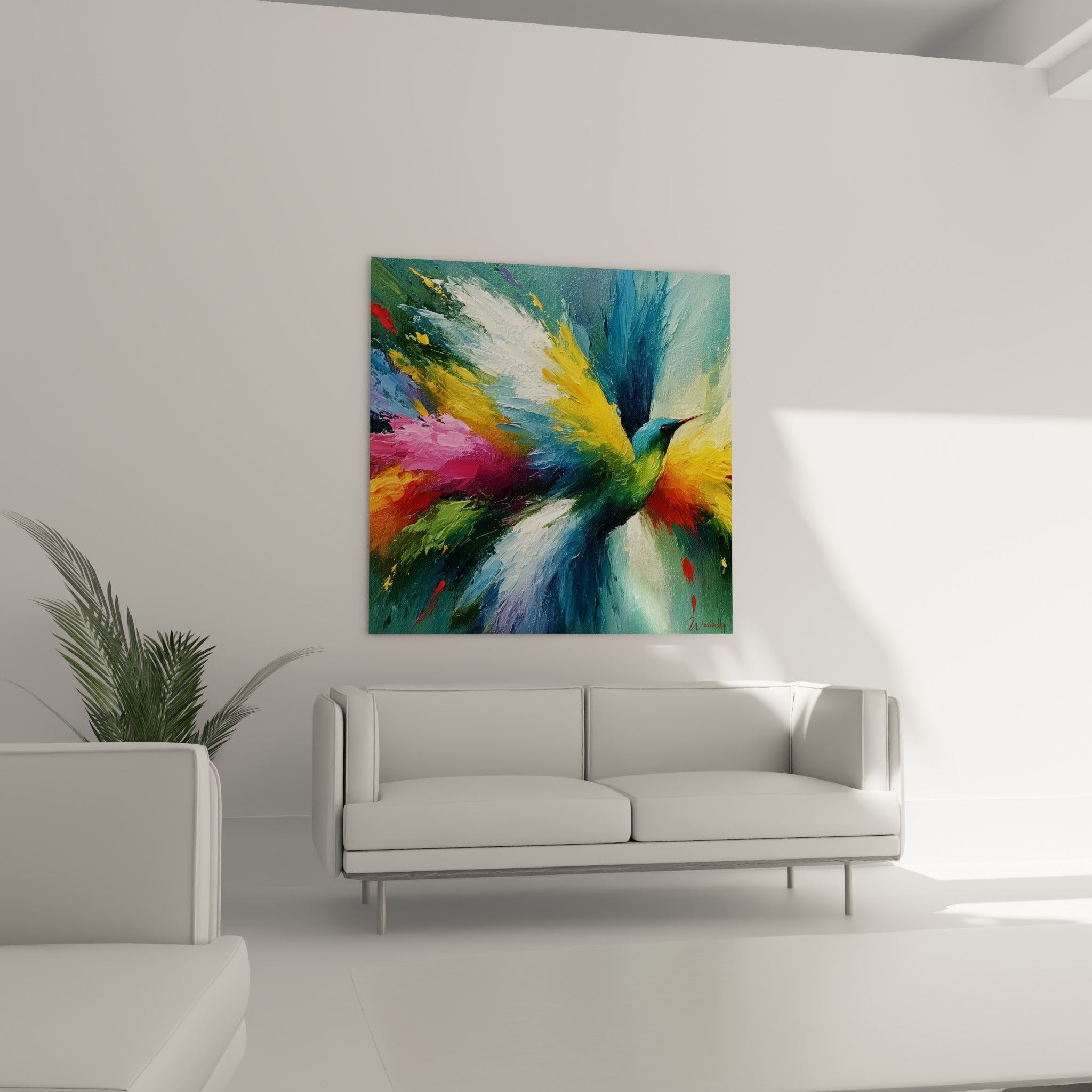 Silhouette d'un colibri vert émeraude entouré de touches roses, accrochée au-dessus d'un canapé dans un salon lumineux