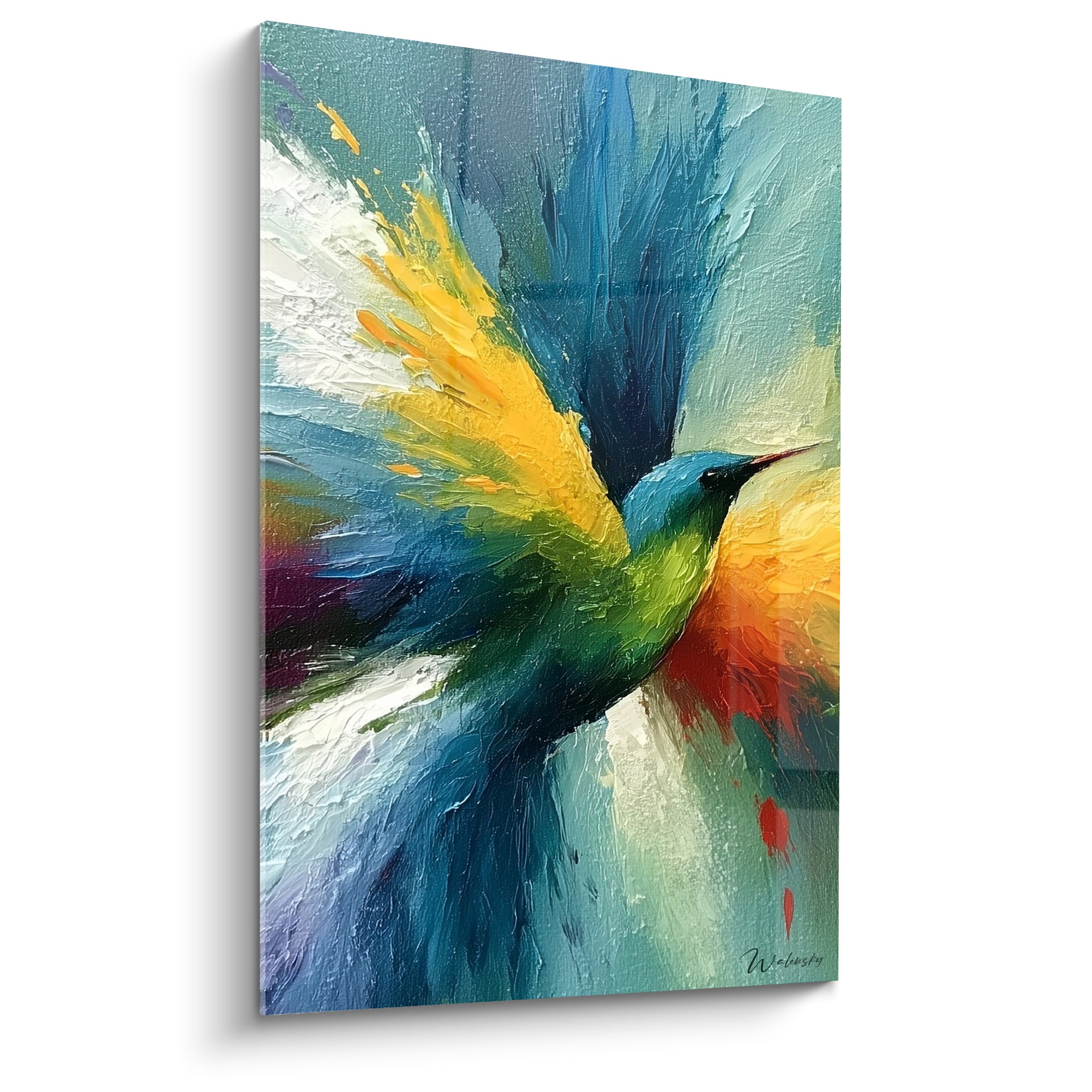 Colibri en vol peint en vert émeraude, bleu marine et jaune ocre, empâtements texturés au couteau