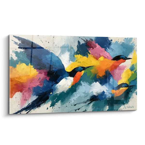 Tableau Oiseaux bleu et orange en vol groupé - Trio ailé lumineux - Edition style Peinture abstrait