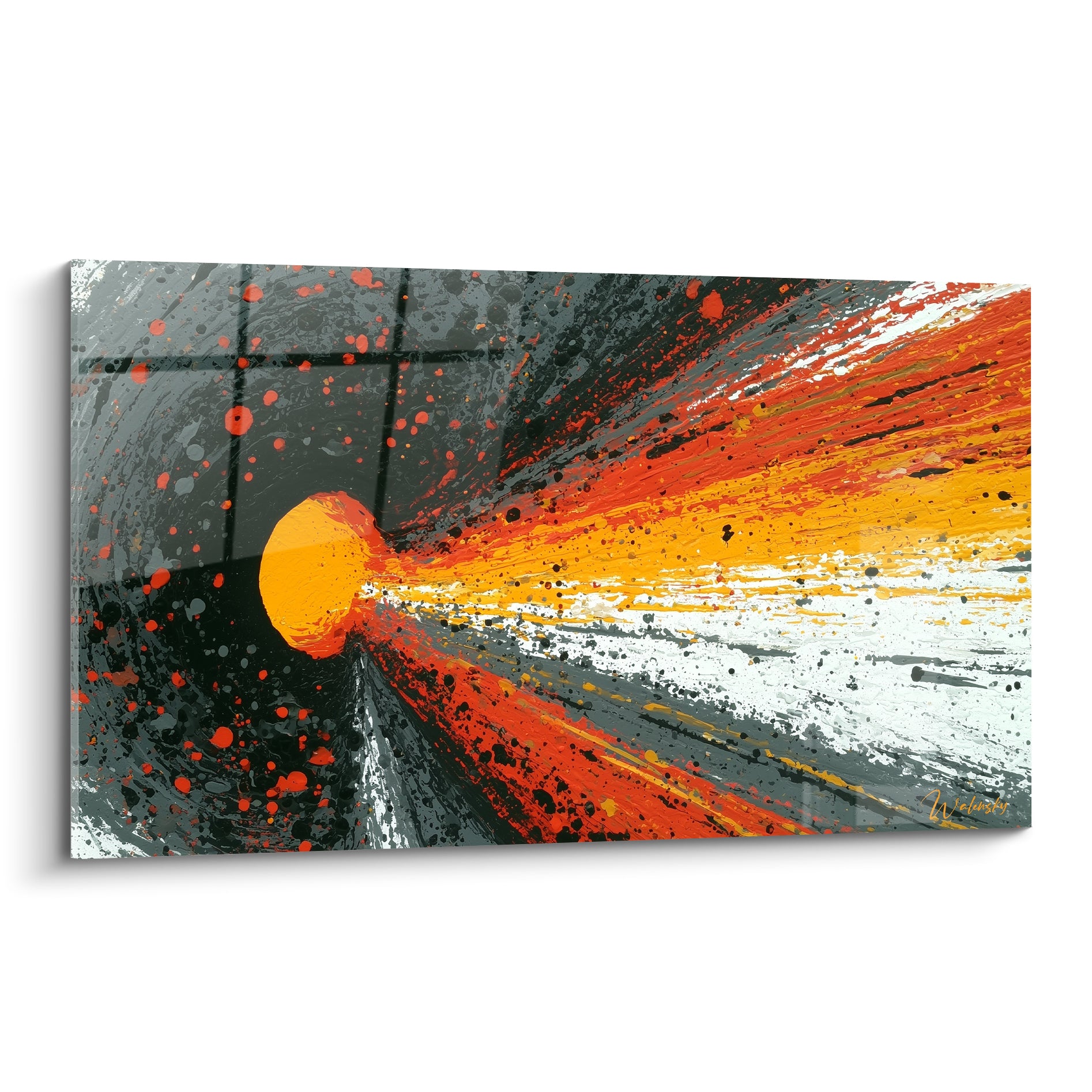 Comète orange fusant dans un tunnel anthracite, éclaboussures rouges style Peinture abstrait