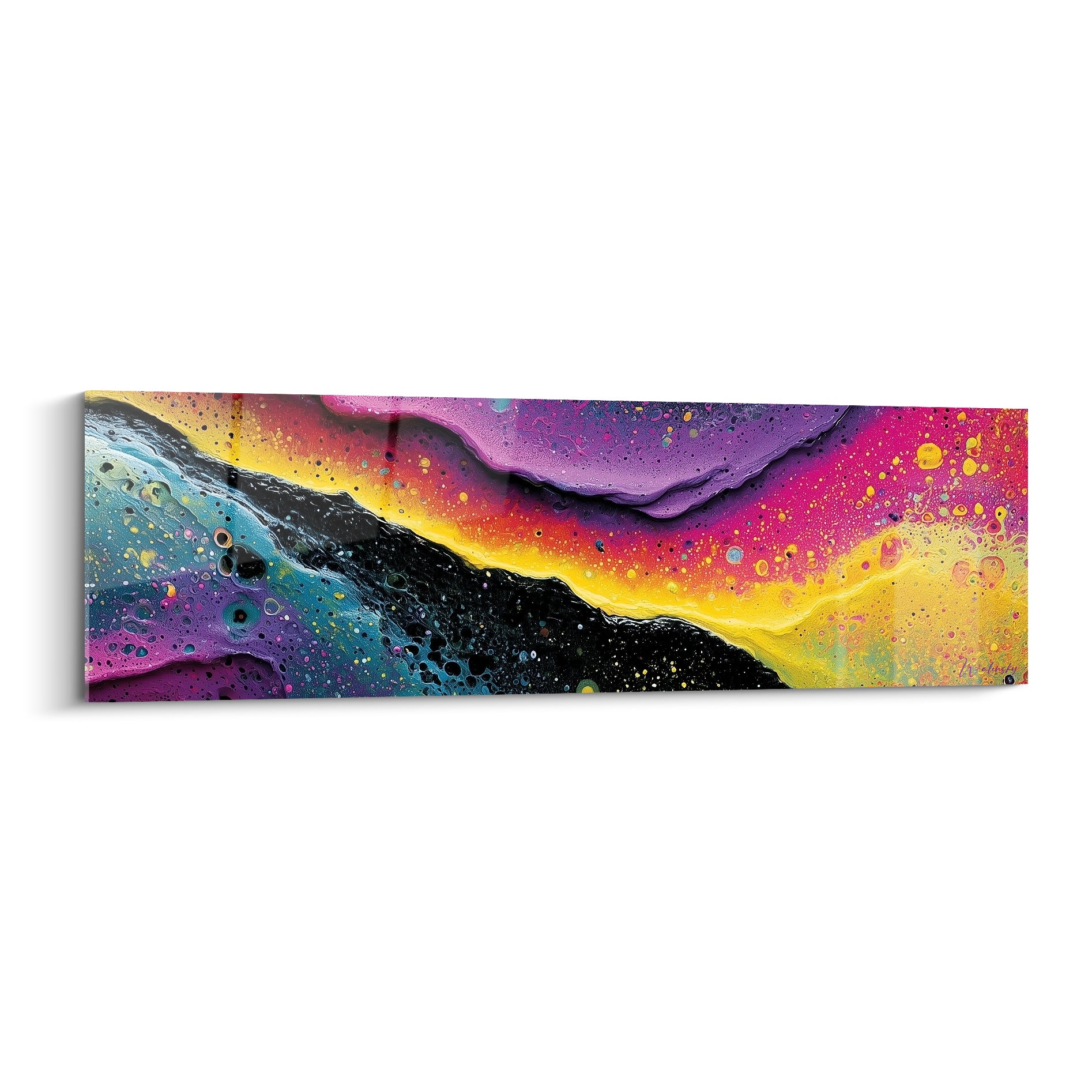 Coulée noire et dorée aux bulles roses et turquoise, tableau style Peinture abstrait plein cadre