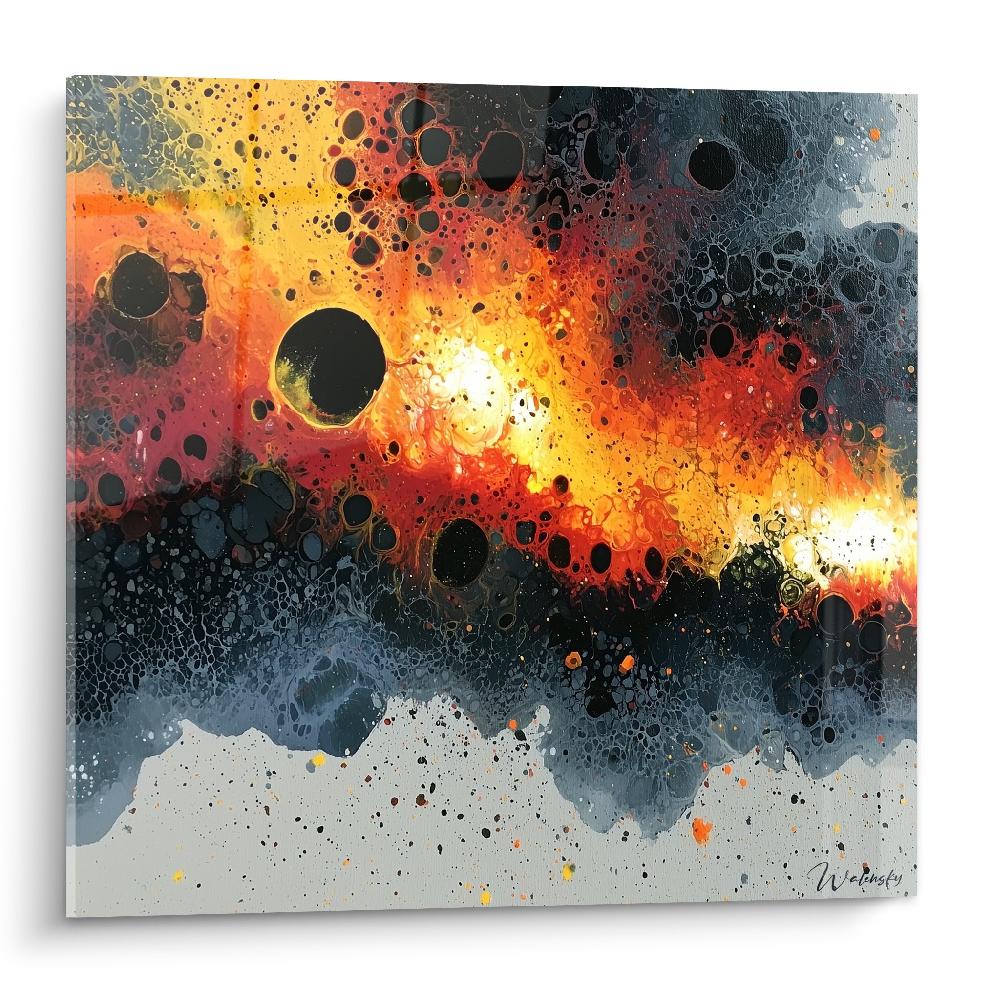 Coulée abstraite orange et anthracite avec alvéoles noires, style peinture abstrait sur toile