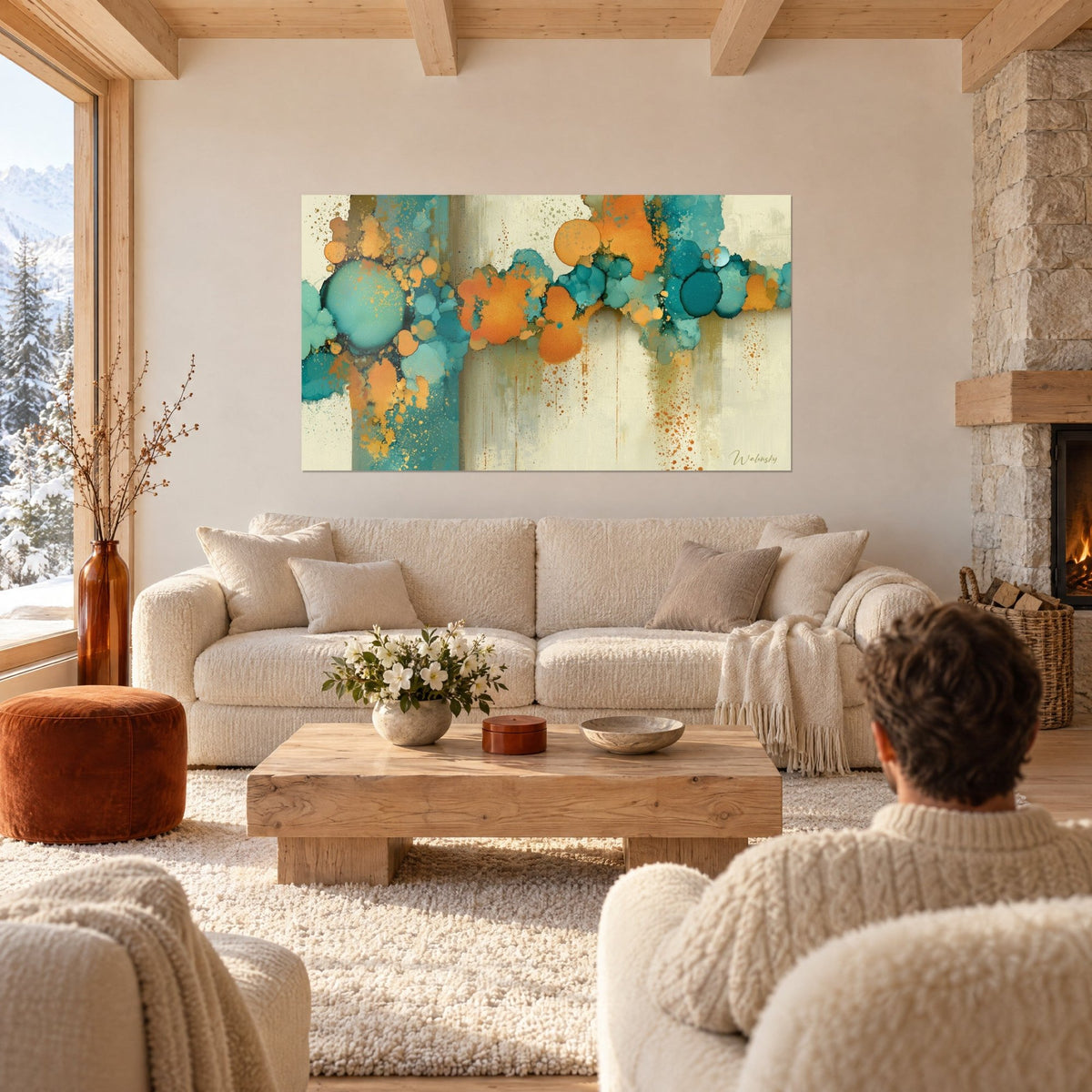 Schilderij met turquoise en oranje bellen op ivoorkleurige achtergrond, gouden spatten, koppel van achteren, boven een bank in een lichte woonkamer