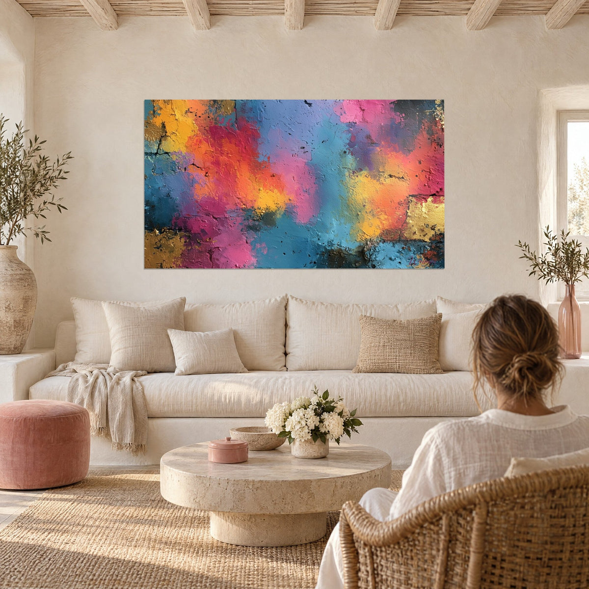 Gemälde Wand mit abblätternder Textur in Fuchsiapink und Safrangelb, über einem Sofa in einem hellen Wohnzimmer