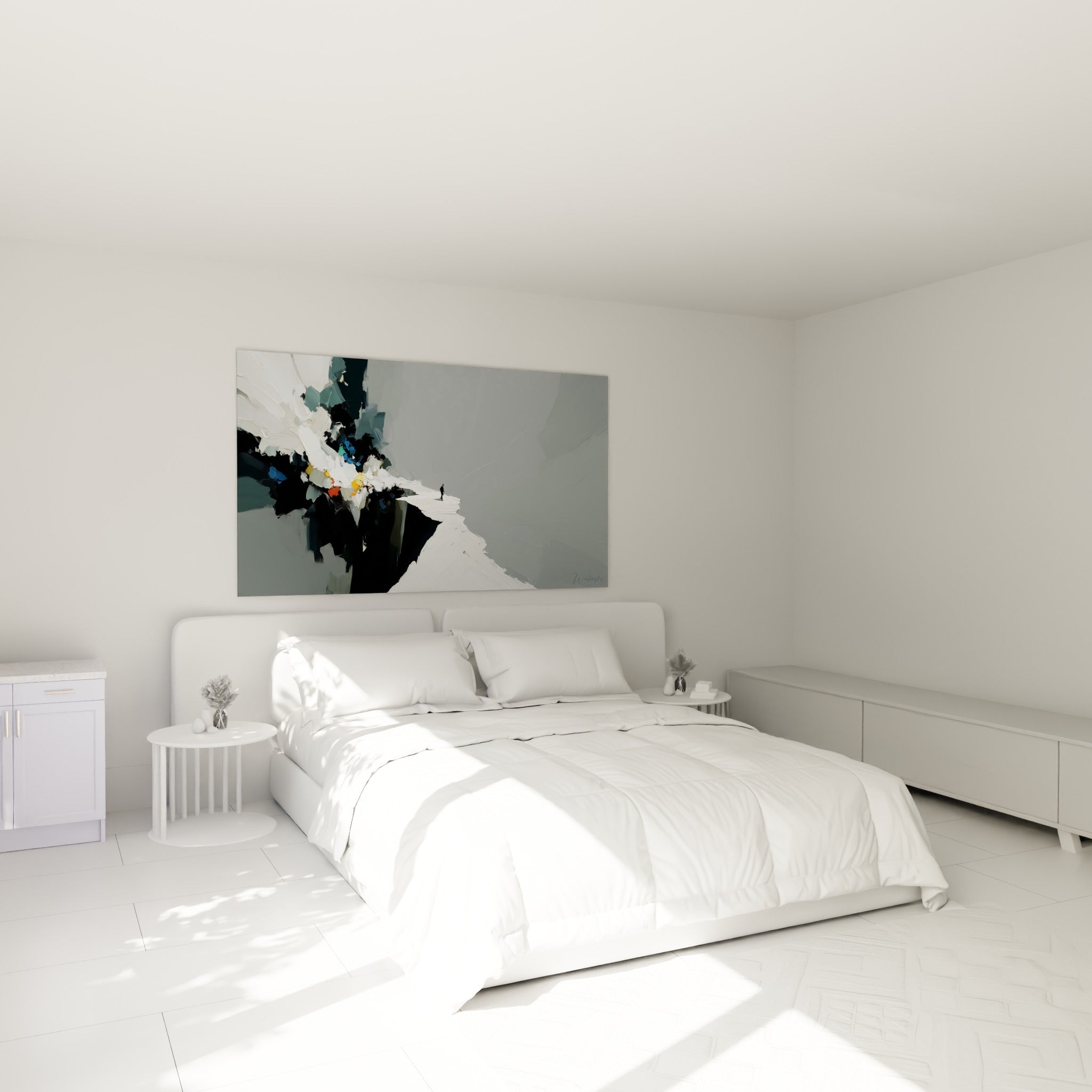 Homme minuscule sur crête blanche et grise, tableau abstrait accroché au-dessus d'un lit dans une chambre claire