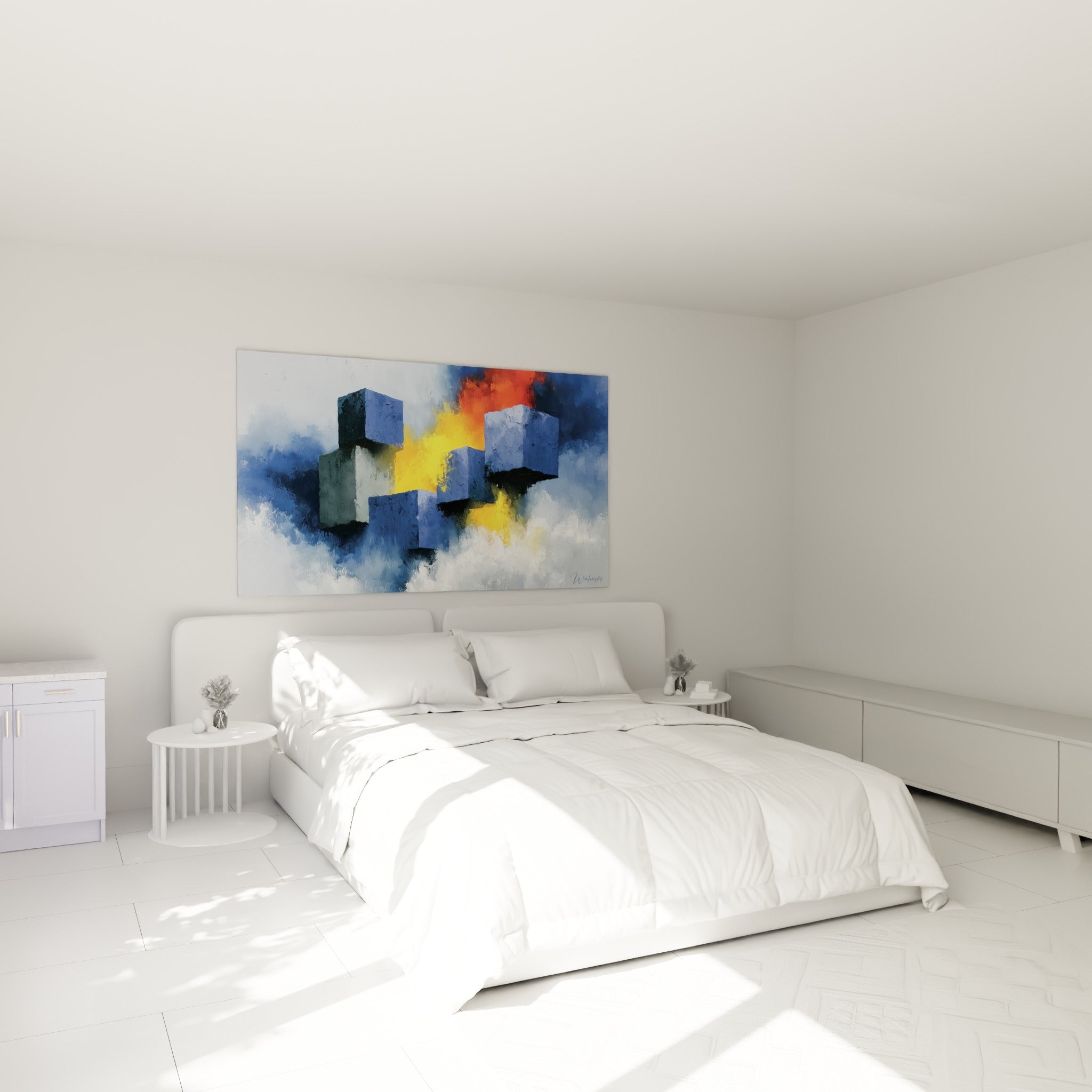 Blocs anthracite et lueurs dorées de ce tableau style Peinture abstrait au-dessus d'un lit dans une chambre claire