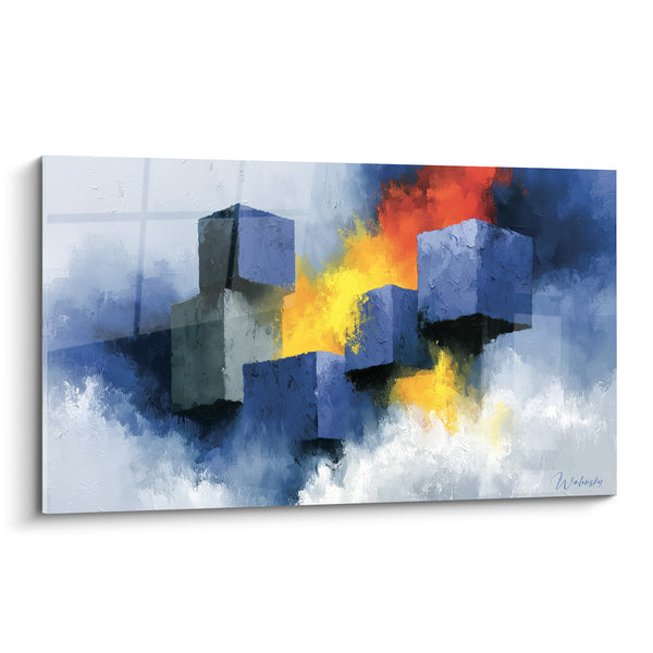 Tableau Cubes bleus et jaunes entre brume flottante - Blocs suspendus en équilibre - Edition style Peinture abstrait