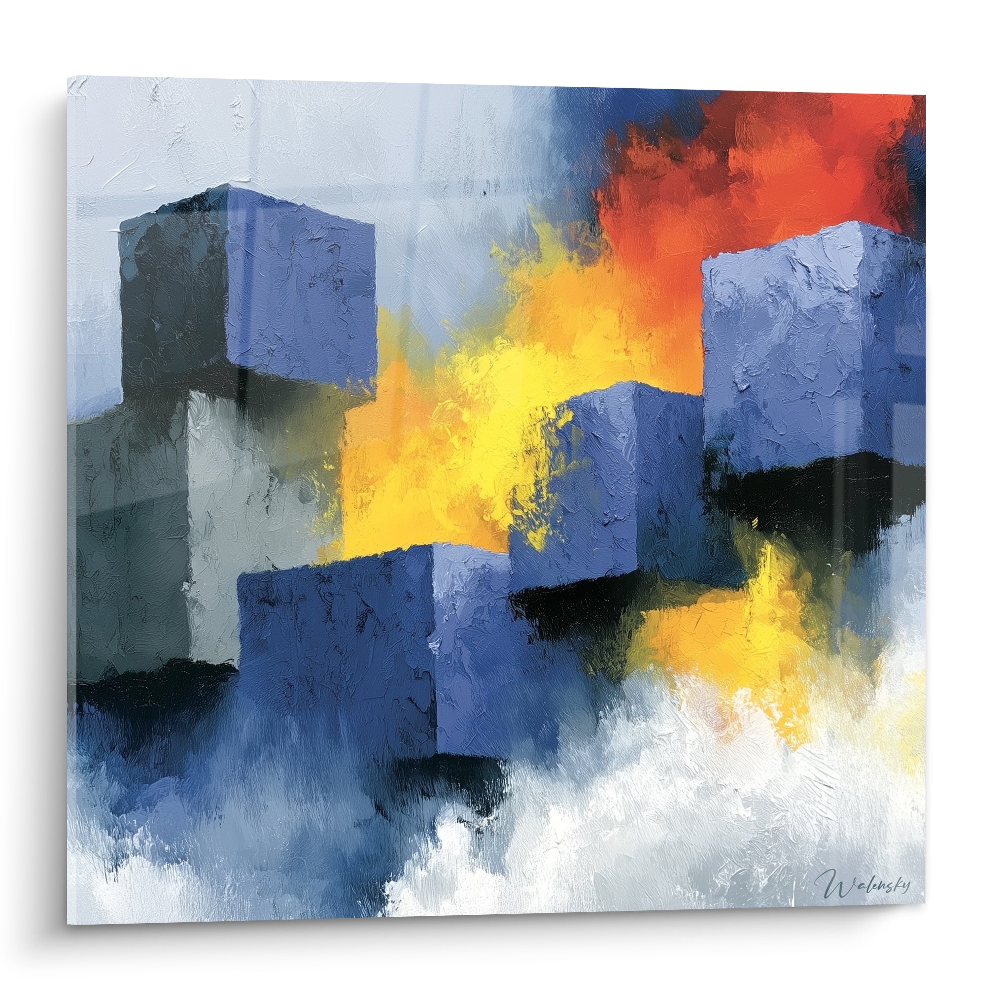 Cubes bleu marine et flammes dorées composent ce tableau abstrait aux empâtements texturés intenses