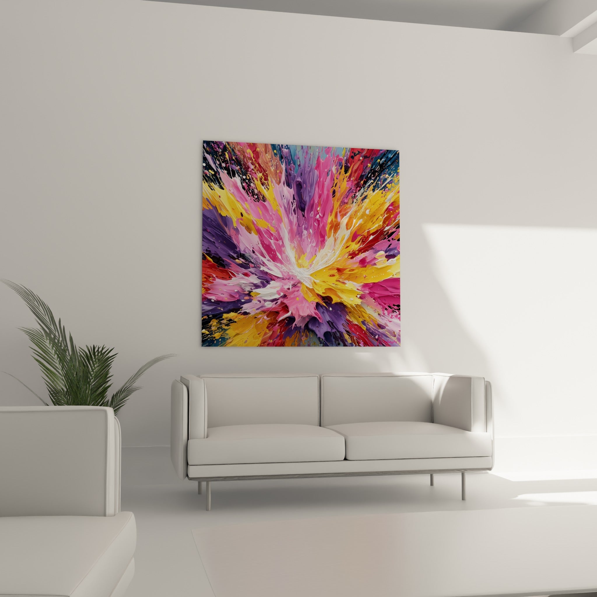 Déflagration colorée violet et rose accrochée au-dessus d'un canapé dans un salon lumineux